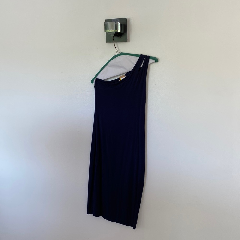 Sozy Navy Blue Assymetrical Stretch Midi Dress